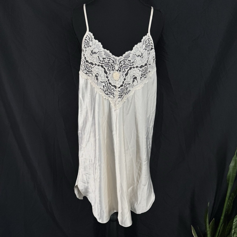Vtg Ivory Slip Dress XL Silky Satin Lace Coquette Romantic Boho Layering 90s